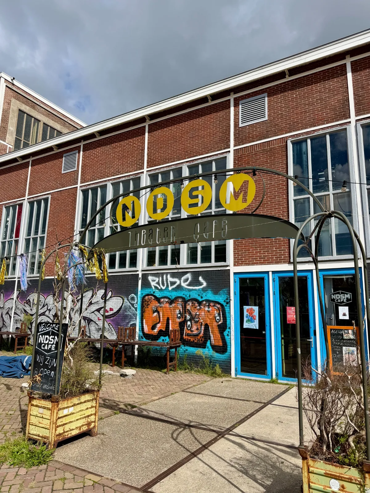NDSM cafe entrance in a former industrial building in Amsterdam